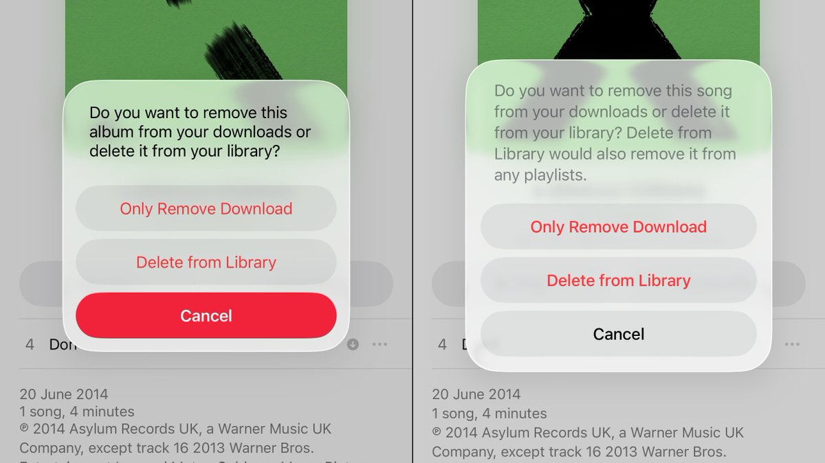 I've had a response to one of my OS 26 submitted Feedbacks! I reported that the use of the Music's app red tint colour in alert dialogs was confusing when the dialog included destructive actions. The design has been changed to resolve the ambiguity.