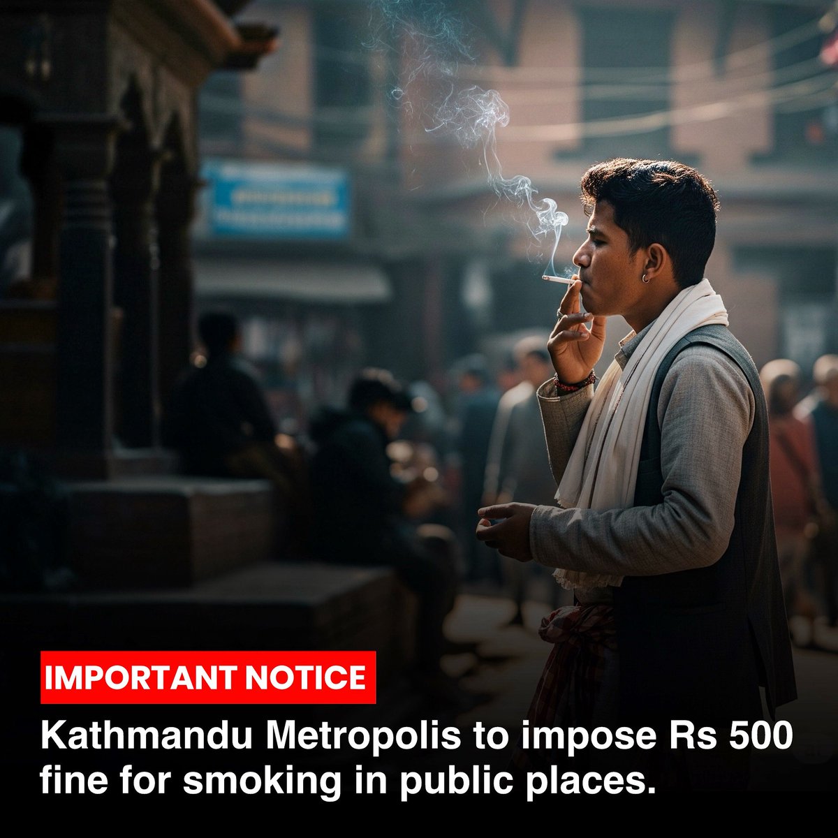 NoNext_Question's tweet image. Kathmandu Metropolitan City has decided to fine people Rs 500 each time they are caught smoking in public places. This new rule is part of the city’s Financial Act for the year 2082/83, recently passed by the municipal assembly.
