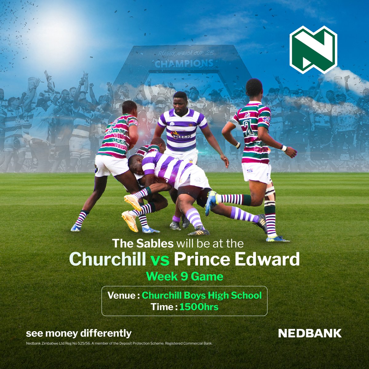 NedbankZimbabwe's tweet image. Back to their roots …meet the Sables at Churchil High School! Join us at the Churchill vs Prince Edward rugby game on Saturday, 26 July at Churchill Boys High Eastlea, where the Sables will be showing up to support the future of Zimbabwean rugby.
#Nedbank #SeeMoneyDifferently