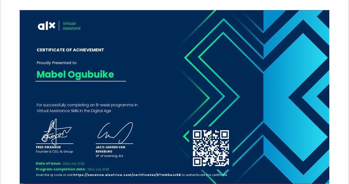 Qu33nify's tweet photo. Another milestone unlocked! ๐
I'm now a Certified Virtual Assistant via #ALXVA! @alx_africa
Grateful for the journey โ skills gained in:
๐ Social Media
๐ Email/Admin Support
๐ Visa & International Admission Help
Open to collabs!
#VirtualAssistant #OpenToWork #ALXLevelUp https://t.co/oZKwalb0oW