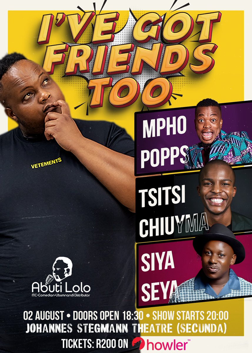 abuti_lolo's tweet image. Secunda next week Saturday!
I’m coming with @MphoPopps @siyaseyacomedy and @TsitsiChiumya
Tickets are for sale here: howler.co.za/friendstoo
For this post to go viral in Secunda it only needs 250 reposts, X peeps please help me