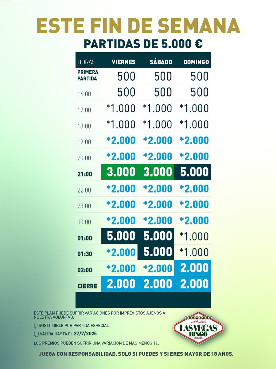 ☀️Verano con PREMIAZOS en <a href="/bingolasvegas/">BingoLasVegas</a>.

🚀¡Los 3️⃣ días con partidas especiales de 5.000 €!

#YoSoyDeLasVegas #madrid #ocio