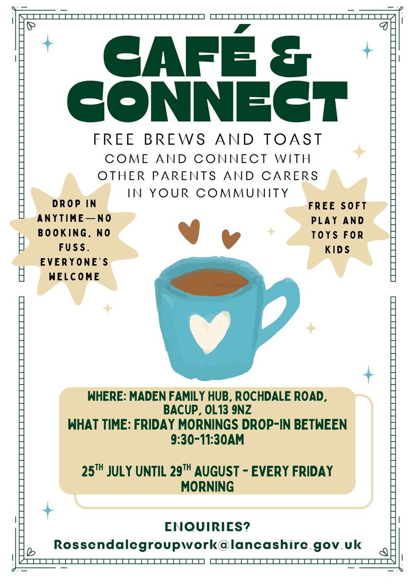 Free brews and toast at Cafe &amp; Connect - come and connect with other parents and carers in your community in #Bacup, #Rossendale.

Every Friday morning for a month this summer.

Free soft play and toys for kids!

Drop in anytime - no booking.

Everyone's welcome.