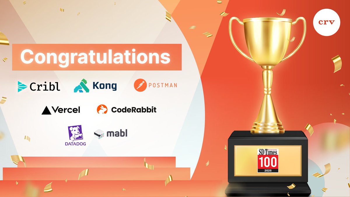 CRV's tweet image. Big congrats to @cribl_io, @thekonginc, @getpostman, @vercel, @coderabbitai, @datadoghq and @mablhq for landing on this year’s SD Times 100 list! Proud to see CRV backed companies leading the pack.
