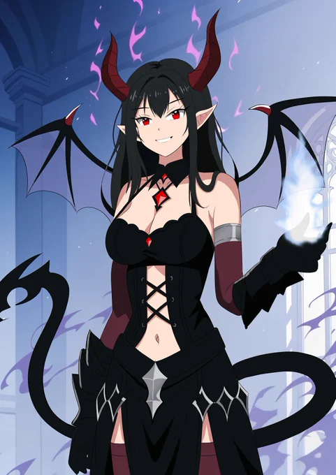 ファンタジーシリーズ第2段です。オリジナルで悪魔の女の子を描きました。可愛い女の子にするつもりがいつの間にかラスボスっぽくなってしまいました。これはこれでアリですね。 今回からラフもおまけでリプに付けますね。 このイラストはフリー素材と背景を使用してます。
