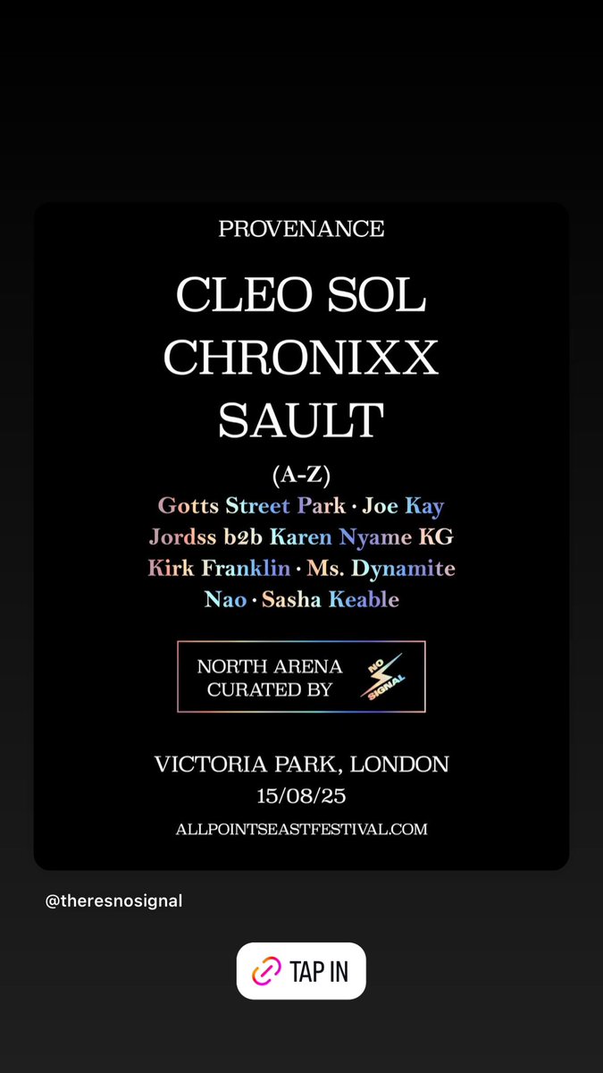 No Signal (@theresnosignall) on Twitter photo the 15th august will be special day.
weāve curated the north area at <a href="/allpointseastuk/">All Points East</a>ās provenance show and we invited <a href="/kirkfranklin/">Kirk Franklin</a> to join this special lineup.
see you there ā¤ļø allpointseastfestival.com the 15th august will be special day.
weāve curated the north area at <a href="/allpointseastuk/">All Points East</a>ās provenance show and we invited <a href="/kirkfranklin/">Kirk Franklin</a> to join this special lineup.
see you there ā¤ļø allpointseastfestival.com