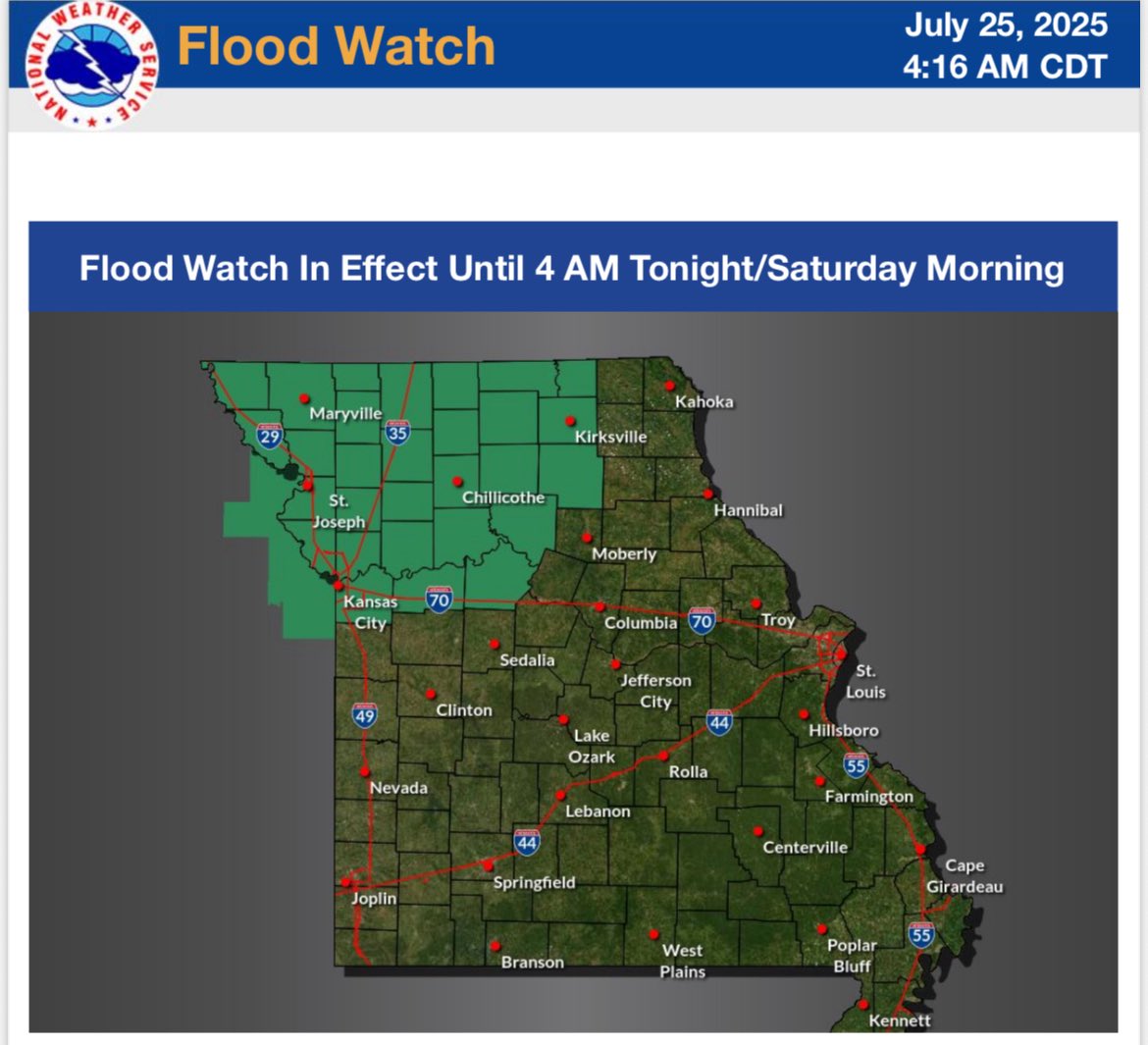 MoPublicSafety's tweet image. A Flood Watch remains in effect for Northwest and North Central Missouri through early Saturday morning.
✅Never attempt to drive into a flooded roadway
✅Low water crossings and low bridges are the most dangerous.