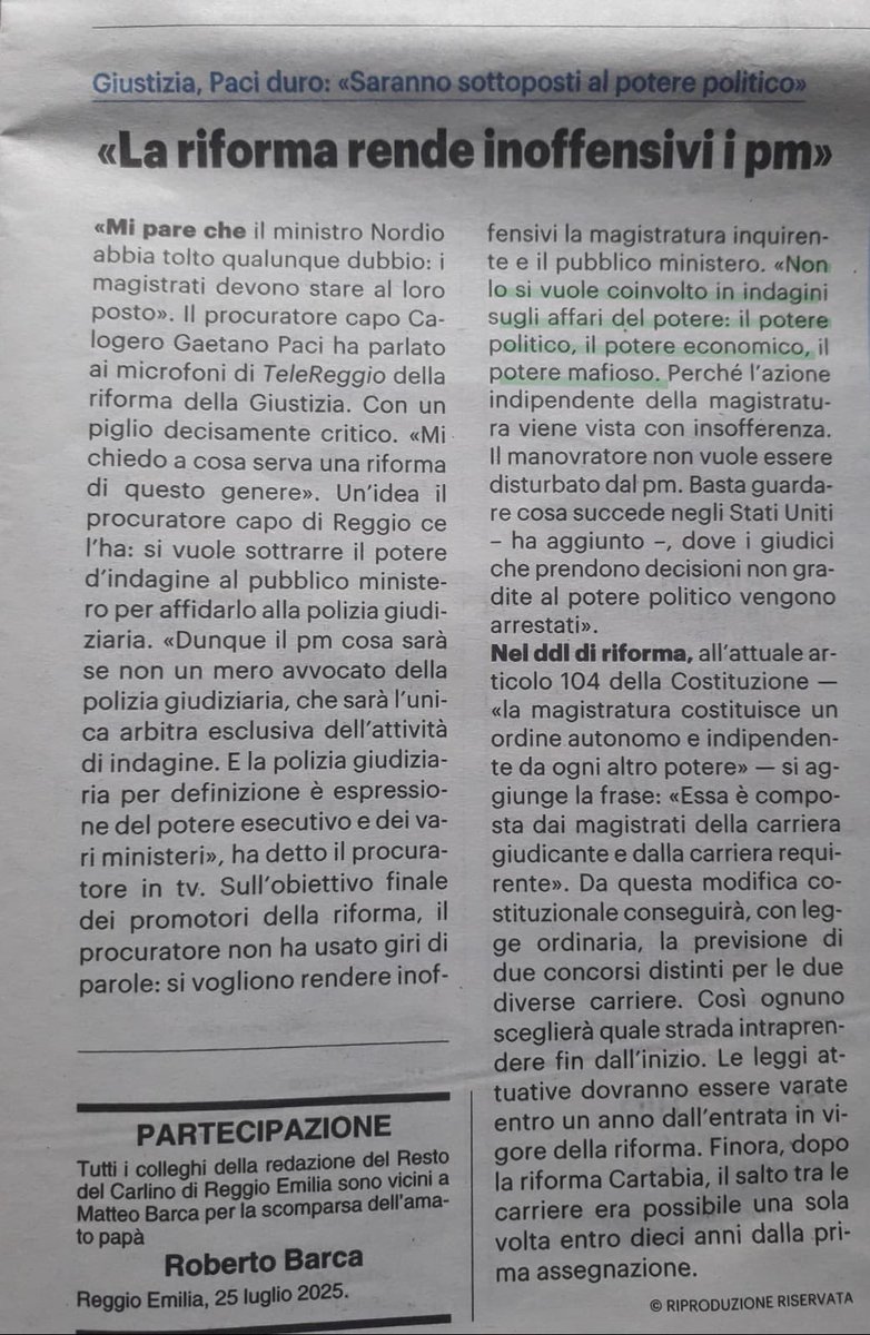 Marcolisei's tweet image. Le parole del Procuratore Capo di Reggio Emilia, con le quali si sostiene che con la riforma della giustizia non si vuole che il PM sia "coinvolto in indagini sugli affari del potere: il potere politico, il potere economico, il potere mafioso" si è ampiamente superato ogni limite…