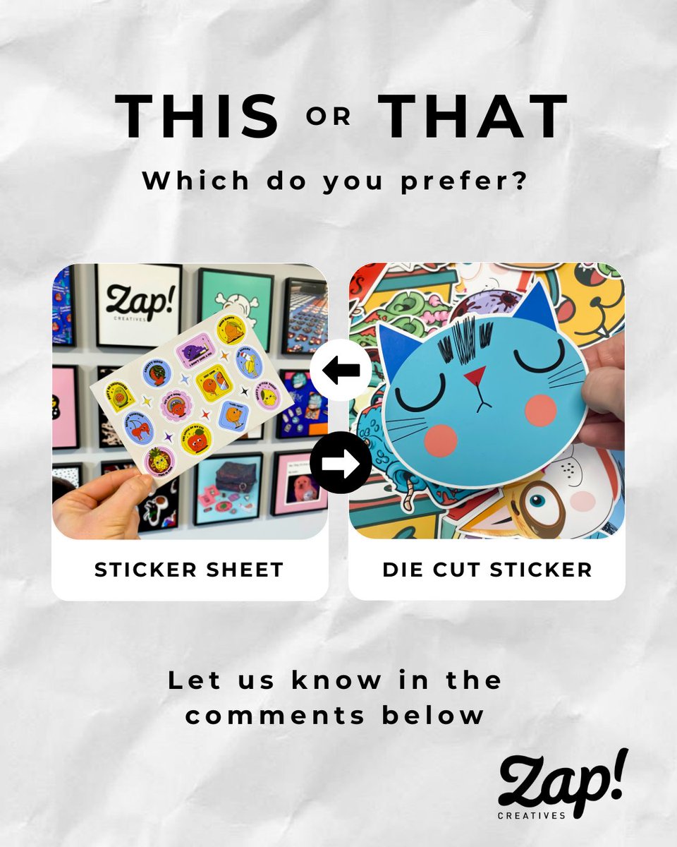 ZapCreatives's tweet image. This or That! Sticker sheets or die cut stickers. Which do you prefer?

#stickers #merch #diecutstickers #printing #art #custom #stickersheet #stickershop #smallbiz #madeintheuk