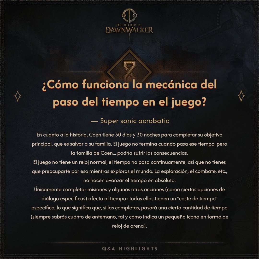 BandaiNamcoES's tweet image. ¡Respondemos a algunas de vuestras preguntas más frecuentes sobre The Blood of Dawnwalker!
La tercera: ¿Cómo funciona la mecánica del paso del tiempo en #Dawnwalker?
✔️ Puedes encontrar respuestas a muchas otras preguntas en discord.gg/DawnwalkerGame