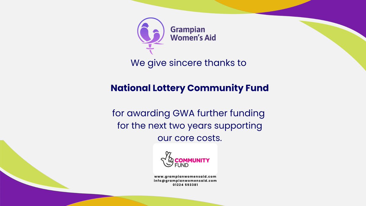 Grampian Women's Aid (@gwomensaid) on Twitter photo 🎉Major Grant Funding Award 🎉
Grampian Women's Aid are delighted to share funding award from <a href="/TNLComFund/">The National Lottery Community Fund</a>
Following our application earlier this year we have been awarded two years of funding towards our core costs. 🎉Major Grant Funding Award 🎉
Grampian Women's Aid are delighted to share funding award from <a href="/TNLComFund/">The National Lottery Community Fund</a>
Following our application earlier this year we have been awarded two years of funding towards our core costs.