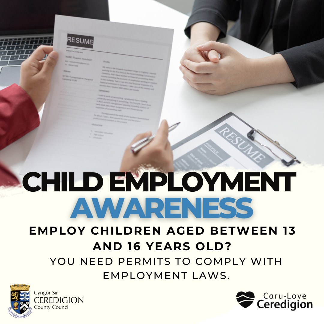 CeredigionCC's tweet image. If you employ a child between 13-16 years old, you need a child’s worker permit - that’s the law.

You can find the child employment license application form here 👇
ceredigion.gov.uk/resident/schoo…