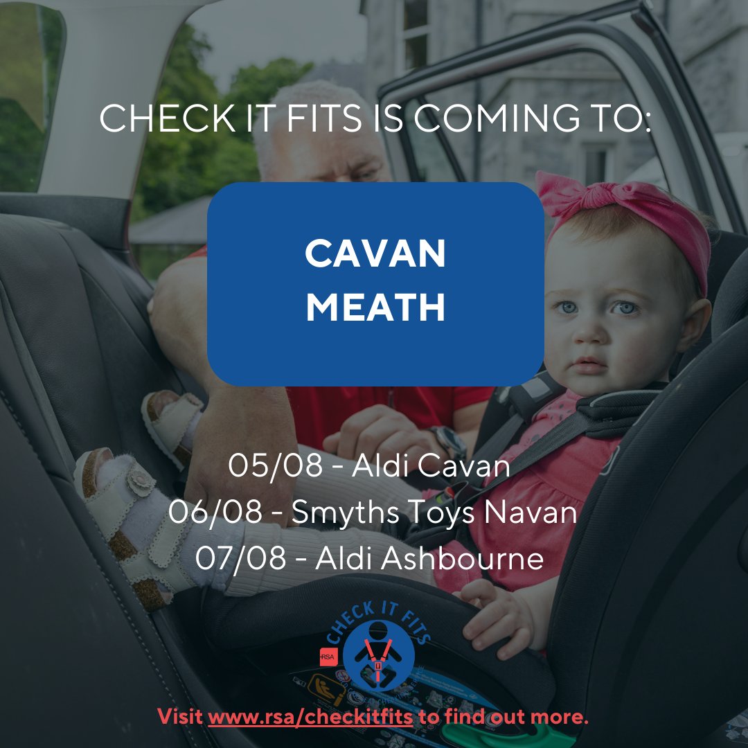 meathcoco's tweet image. Did you know it’s the law that all children under 150cms or 36kgs must use a child car seat appropriate to their weight and height?
The RSA’s 'Check it Fits' service will be returning to Meath in August and will be visiting the following locations:
📅 Smyth's Toys, Navan…