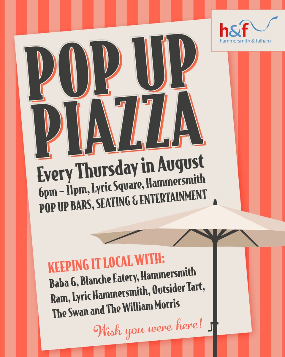 BizConnectsHF's tweet image. 🎉 Hammersmith Pop-Up Piazza is back this August!
Join us in Lyric Square every Thursday evening for food, drinks, and live entertainment under the summer sky 🌇🎶
👉 Full details: lbhf.gov.uk/events/hammers…
#HammersmithEvents #PopUpPiazza #HFCommunity #SummerVibes #LyricSquare