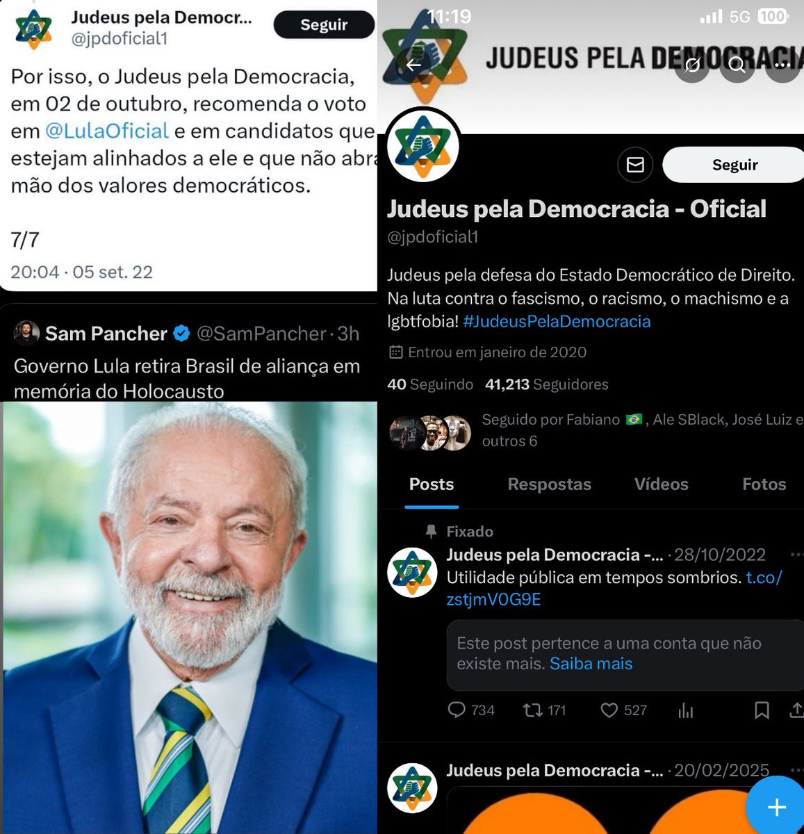 OliverNoronha's tweet image. Após apoiarem Lula e rejeitarem Jair Bolsonaro que é aliado de Israel, página “Judeus pela Democracia” se mantêm calada desde fevereiro.
Dentre os agradecimentos do Lula aos Judeus está: Apoio irrestrito à Palestina, Iran, e retirar o Brasil da aliança em memória ao holocausto.