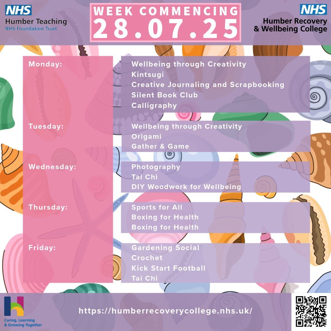We've got a great selection of sessions on this week!

To take part, sign up for free via our website: humberrecoverycollege.nhs.uk

#RecoveryCollege #Wellbeing #RecoveryAndWellbeingCollege #WhatsOnHull #WhatsOnBridlington
