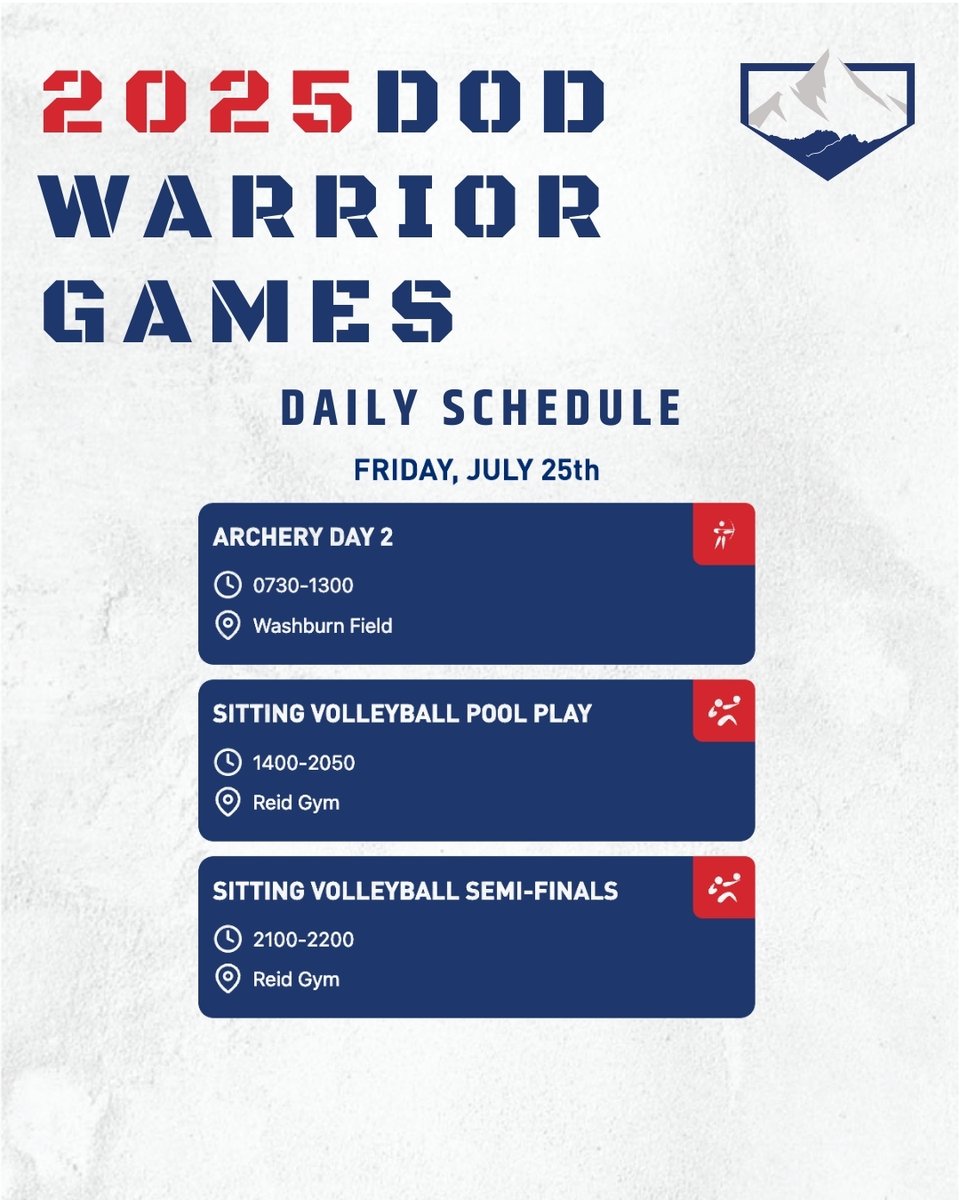 dodwarriorgames's tweet image. Day 8 of Warrior Games will feature archery and sitting volleyball. Watch LIVE at dodwarriorgames.com (free) or on ESPN+ (with a subscription).
ESPN+ Broadcast: Archery Competition Day 2 airing 0930 - 1345 ET and Sitting Volleyball Day 1 airing 2000 - 2400 ET.