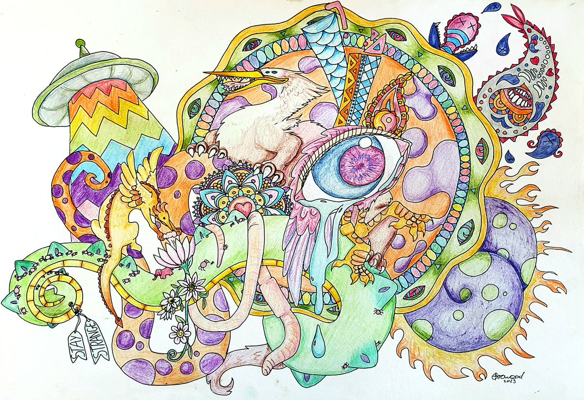 'Stay Strange'
Coloured pencil drawing I've finally finished! Honestly this weirdly feels like the closest thing to a self portrait I've ever drawn.

#art #coluredpencil #pencidrawing #trippy #trippydrawing #psychadelic #weird #strange