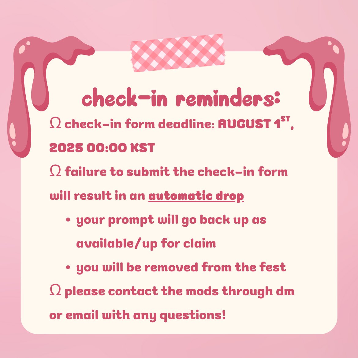 Ω ᯓ CHECK-IN PERIOD

our check-in form is open from now until August 1st, 2025, 00:00 KST! 
✰ failure to submit this form will result in an automatic drop from the fest.
✰ please complete the form even if you have submitted your fic! 

🔗: forms.gle/pvs4SVS1cC5GPv…