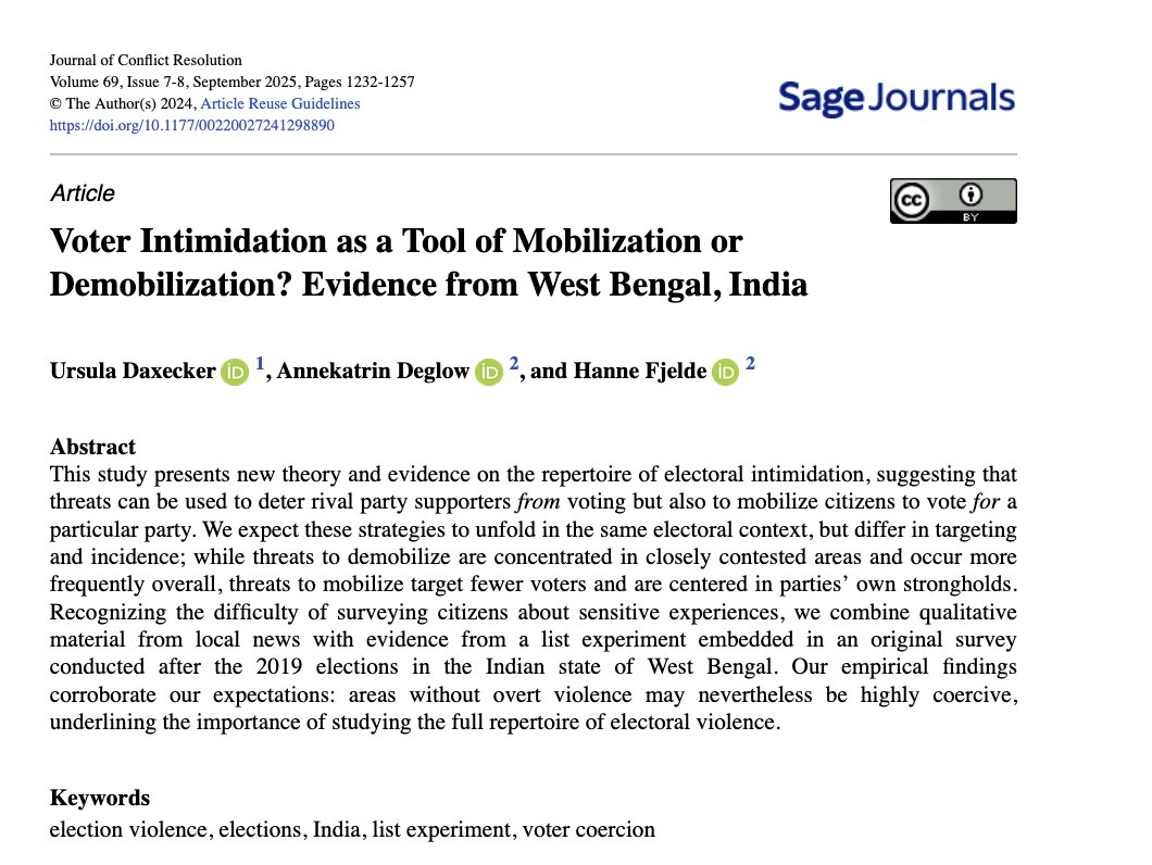 MilanV's tweet image. New research: When and how is intimidation used either as a tool of voter mobilization or demobilization in India? Interesting new paper by Daxecker et al. drawing on evidence from West Bengal journals.sagepub.com/doi/epub/10.11…