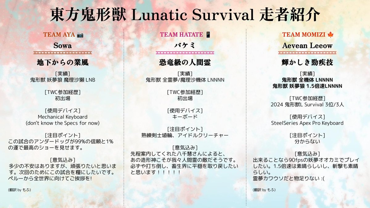 TWC_JP's tweet image. 第32試合 鬼形獣 L Survivalに出場する選手はこの方々です!
チーム文📷からSowakoさん、チームはたて📱からバケミさん、チーム椛🍁からAevean Leeowさんが出場されます。是非活躍にご期待ください!
日本配信は土曜 9:45から開始となります。
見どころ全量URL: docs.google.com/presentation/d…
#TWC2025