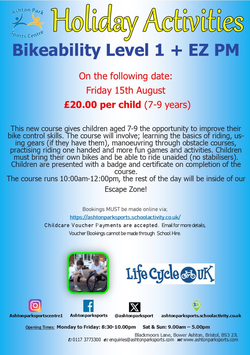 We still have plenty of spaces available for our Bikeability Level 1 session.

Life cycle have kindly offered to provide bikes for the children, so please let us know if your child will need one when you book!!

Bookings are made via ashtonparksports.schoolactivity.co.uk
