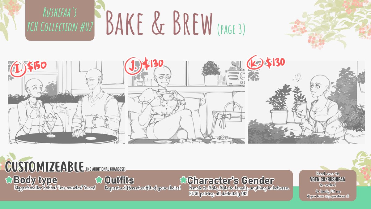 [RT/Likes appreciated TYSM💛] 
🍰My 2nd YCH collection is now available! ☕️
💖FREE Chibi icon for first 4 orders💖

customizeable:
✅Body type, outfit+props, gender 
🚫Background, general pose  

Kindly DM if you have any qn :D
Or order here: vgen.co/rushifaa