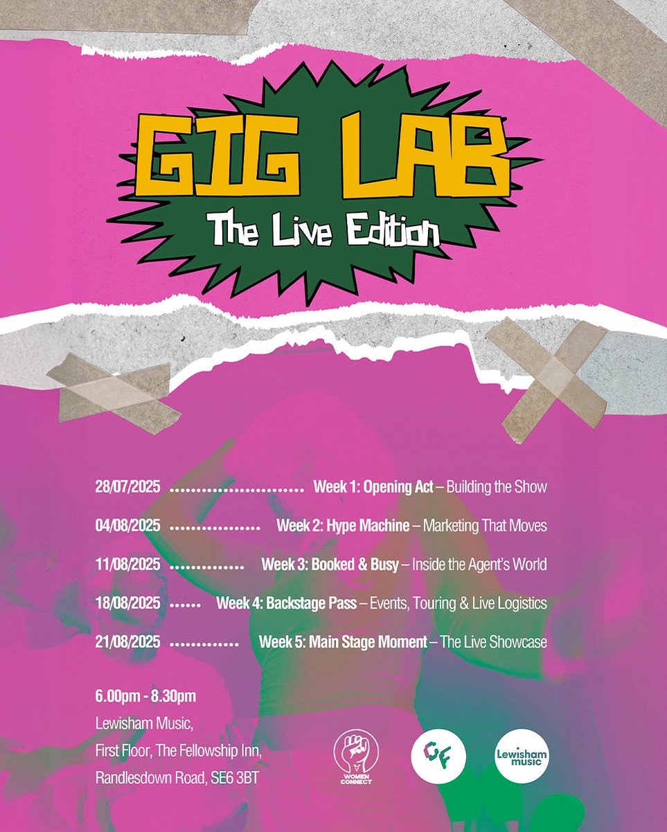 Monday we kick off w/ Gig Lab 🎤⚡

A free 5-week live music course for women, trans, and non-binary creatives. Covering how to book artists, promote shows, and bring events to life.

In collaboration with <a href="/LewishamMusic/">Lewisham Music</a>