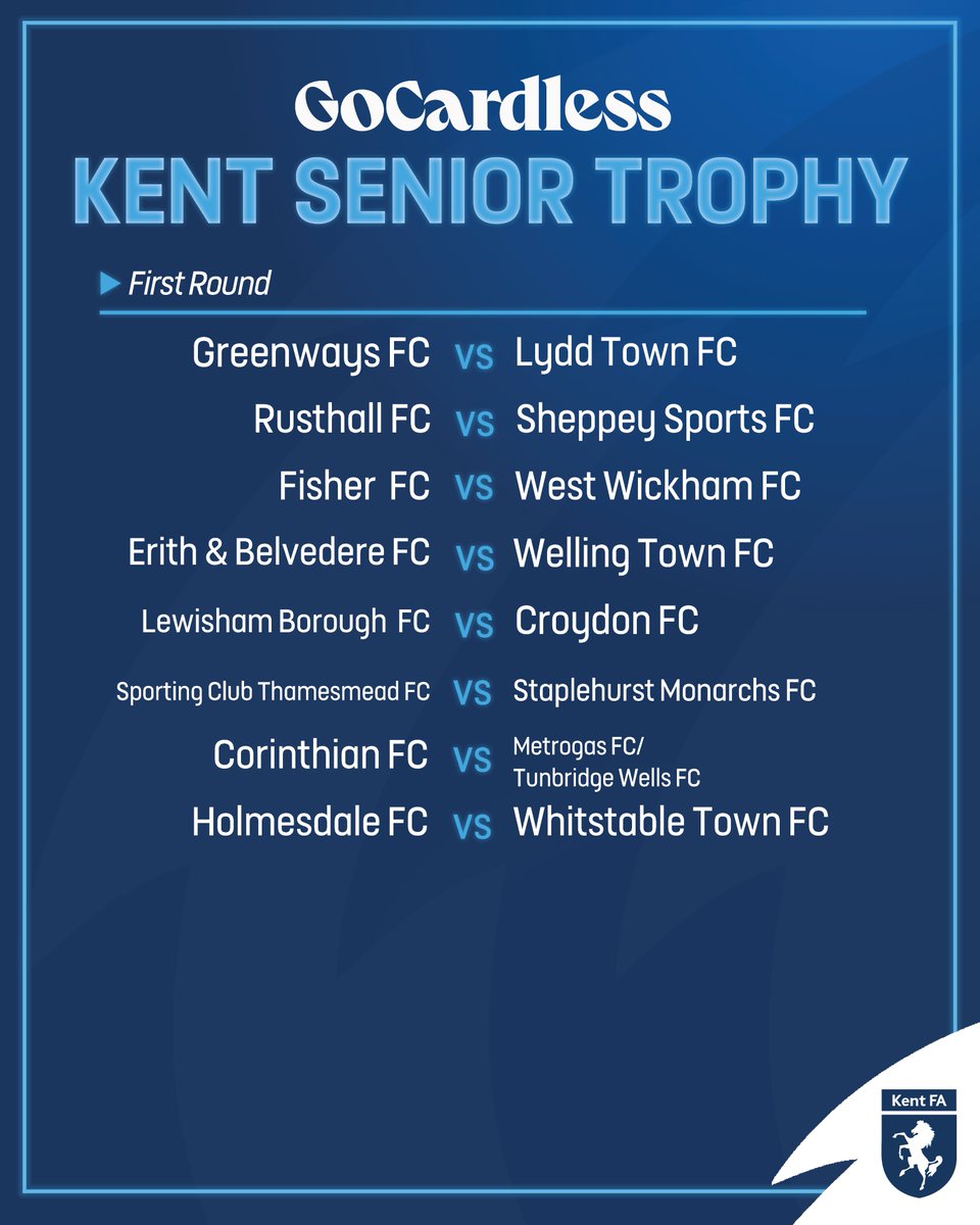 KentFA's tweet image. GOCARDLESS KENT SENIOR TROPHY🏆 | We're delighted to announce the preliminary and first round draws for the @GoCardless Kent Senior Trophy 2025-26!
Best of luck to all teams involved! 🤞
#MagicOfTheCups #KentFootball