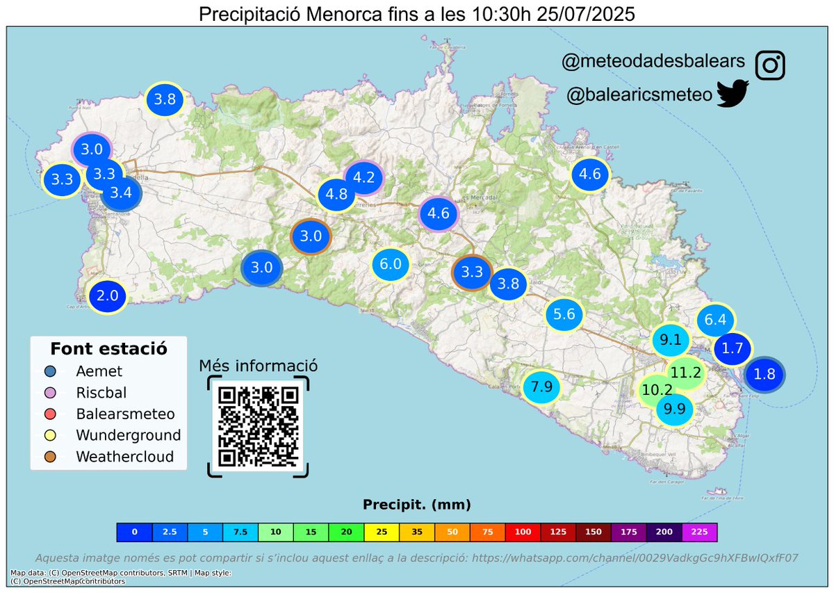 Precipitació acumulada Menorca fins a les 10:30h 25/07/2025 #Menorca

1️⃣ Mao Cami de Trepuco: 11.2 mm - wunderground
2️⃣ Camí Vell de Sant Lluís: 10.2 mm - wunderground
3️⃣ Mao C. Biniatap: 9.9 mm - wunderground

Més informació:
whatsapp.com/channel/0029Va…