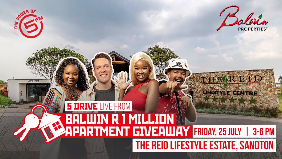 5FM's tweet image. We can’t contain our excitement, opening doors to the R1 Million fully furnished apartment with @BalwinProp , which key will it be, who is the lucky winner?
Tune in to #5Drive 3-6pm and find out🤩#BalwinSportMarathonSeries