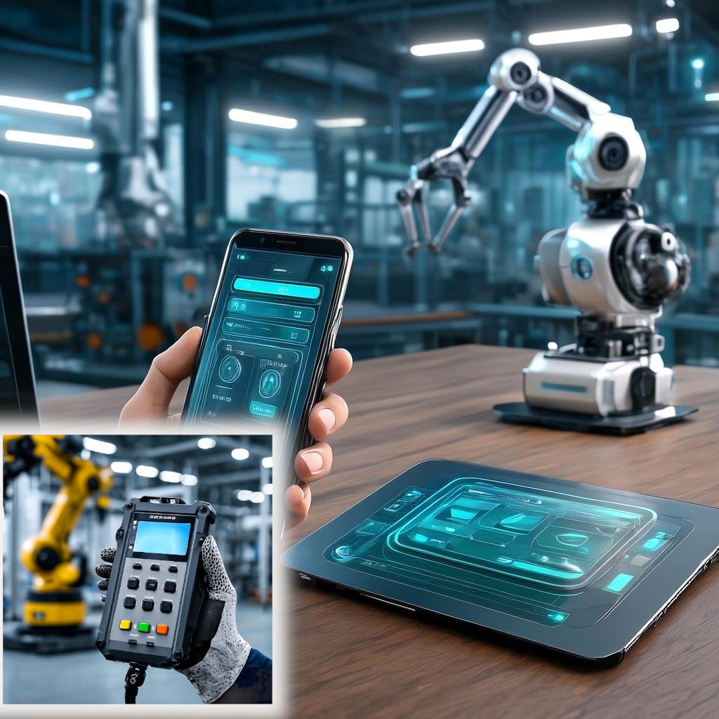 My vision for robot arms I build is to have them network attached with no teach pendant.

Phones are everywhere, and if a wired solution is need then Ethernet could be used.

Initially, wireless via the ESP32 will be the connection method, and only do minimal onboard processing.
