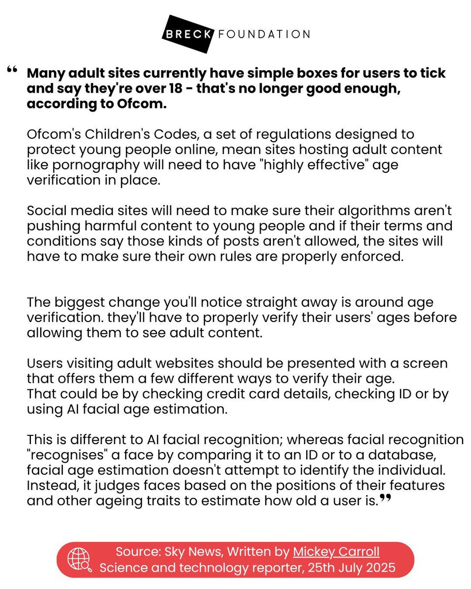 BreckFound's tweet image. New internet rules come into force, many adult sites currently have simple boxes for users to tick and say they're over 18 - that's no longer good enough, according to Ofcom.
Read the full article here: buff.ly/Mf6TRN9
#Ofcom #InternetRules #OnlineSafety #UKTech