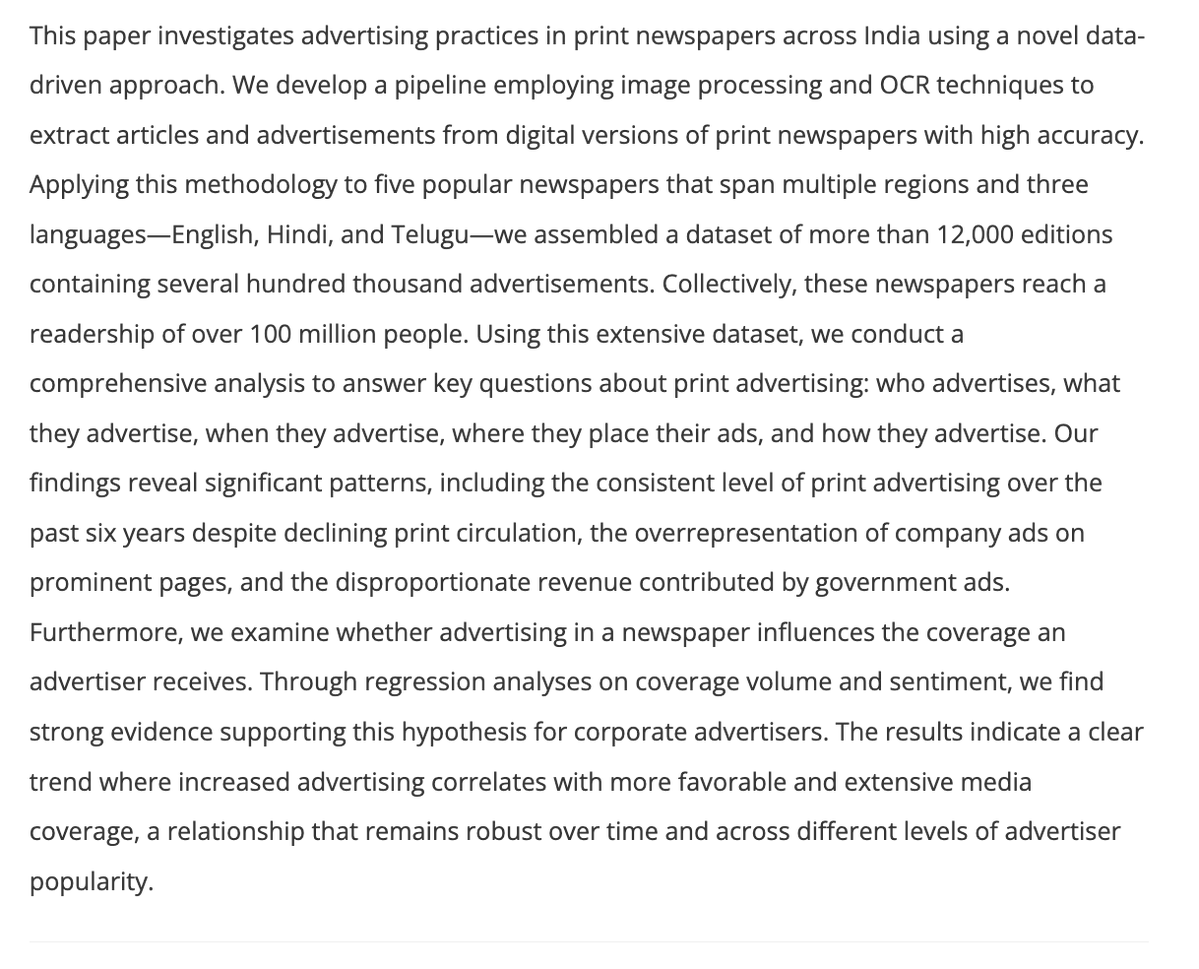 MilanV's tweet image. Few scholars doing more interesting empirical work than @gvrkiran: Drawing on 12,000 editions of 5 Indian newspapers spanning multiple languages, this paper looks at who advertises, what & when they advertise, where they place ads & how they advertise dl.acm.org/doi/full/10.11…
