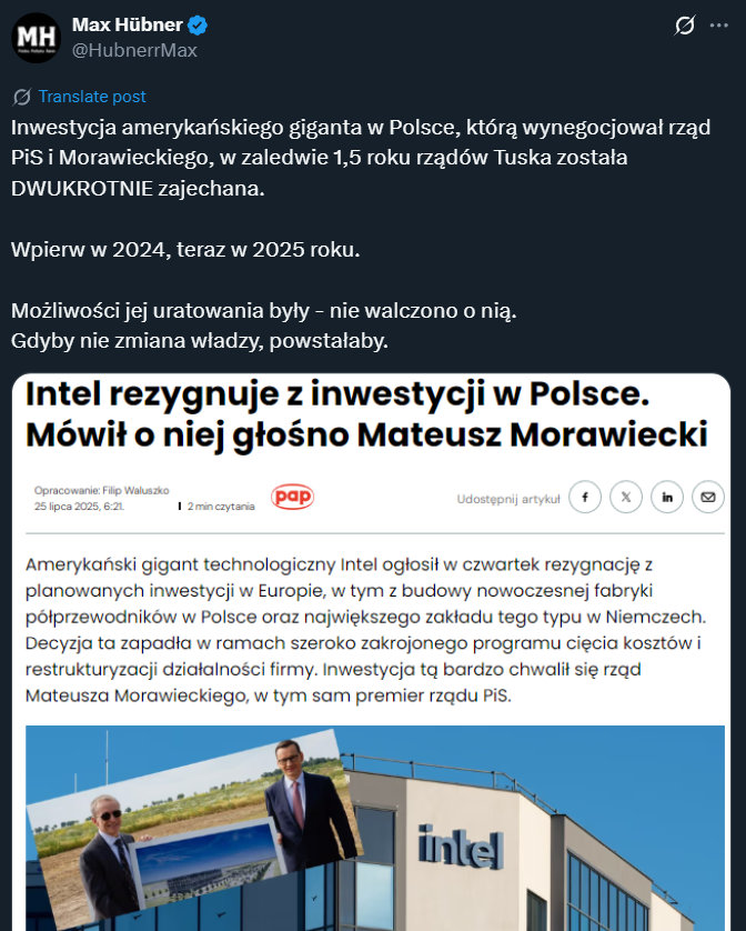 rzep8's tweet image. Potężny Tusk doprowadził Intela do rezygnacji z budowy fabryki nie tylko w Polsce, ale także w Niemczech. Wstrzymał również budowę fabryki w Ohio.
Dodatkowo doprowadził do zwolnienia 25 tysięcy osób i straty 2.9 miliarda dolarów w drugim kwartale 2025. Ceny akcji Intela, również…