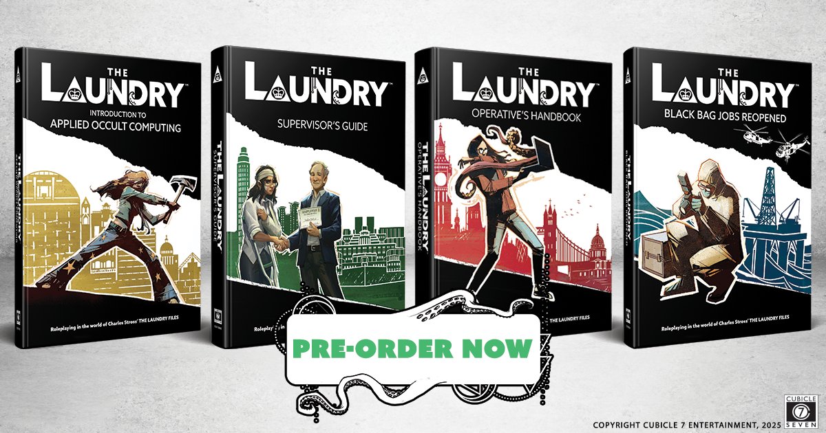 cubicle7's tweet image. &quot;The Laundry: Second Edition Roleplaying Game is the latest addition to this genre, albeit with a British twist.&quot; Christopher Huttons review @ttrpginsider

ttrpginsider.news/p/new-post-103…

Pre-order here: 
cubicle7games.com/en_EU/the-laun…

#thelaundry #cubicle7 #charlesstross #ttrpgs