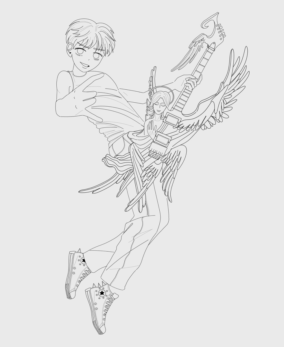 M0SMO_'s tweet image. LINE ART IS FINALLY DONE.
I got rid of the hand-wings cuz ain’t no way I’m drawing 70 hands for floppy wings 😐