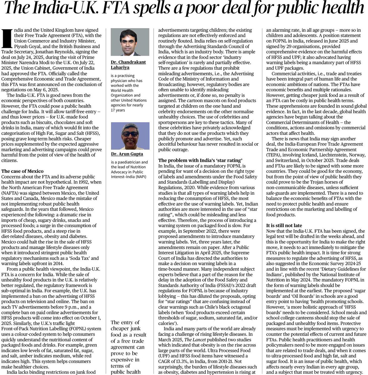 Moveribfan's tweet image. Congratulations GOI for CETA Here is work cut for you In coming days . Urgent.
1. Warning labels on HFSS food
2. Advertising bans on HFSS
🇬🇧 has these 2 protections
🇮🇳 does not
@DrLahariya n myself write in @the_hindu
@narendramodi
@RemaNagarajan @virsanghvi @chetanecostani