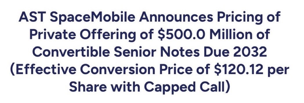 InversorNovato_'s tweet image. Por si no te enteraste… ‼️
Ayer tras el cierre de mercados $ASTS anunció una emisión de $500M en bonos convertibles.
El precio de conversión es de $120.12 por acción con opción de compra limitada.
Diluyen para financiarse. Lógico.
La cotización CAE un -8% 🔴