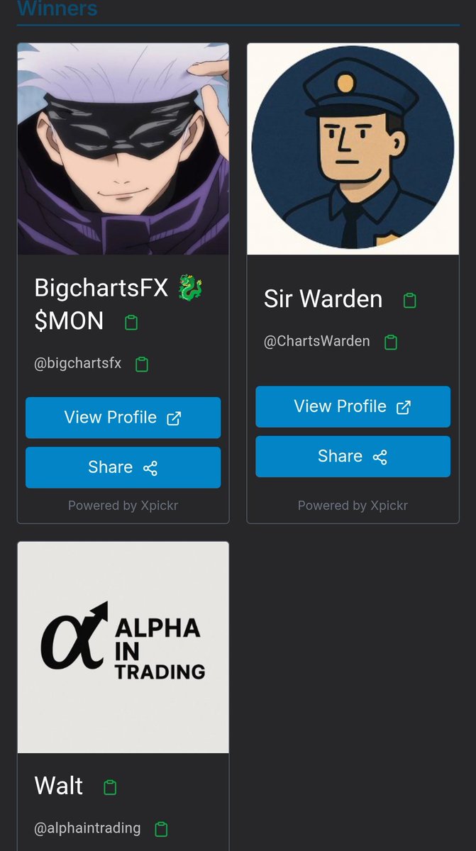 Congratulations Xpickr - Built by <a href="/xpickr/">Xpicker2</a> - Winners 
<a href="/bigchartsfx/">BigchartsFX 🐉 $MON</a> 
<a href="/ChartsWarden/">Sir Warden</a> 
<a href="/alphaintrading/">Walt</a>

ID 1753441536381