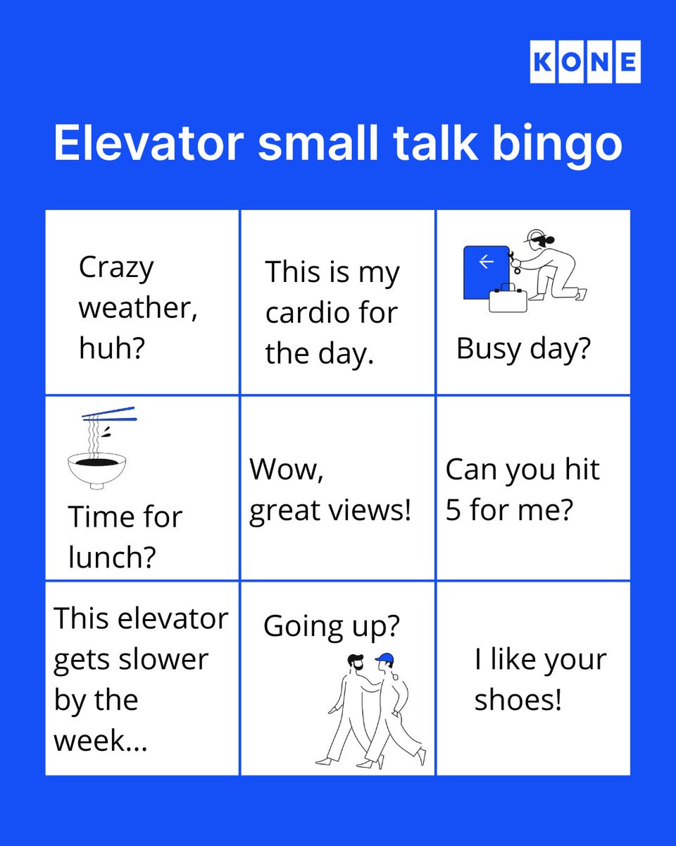 🛗Time to break the silence – with a game of bingo! ✅🎉 Which one’s have you heard – and what did we miss? Tell us in the comments! 💬

Have you ever been caught in that awkward elevator silence? Don’t worry, we’ve got your back. Whether you are a smooth talker, or not, give it