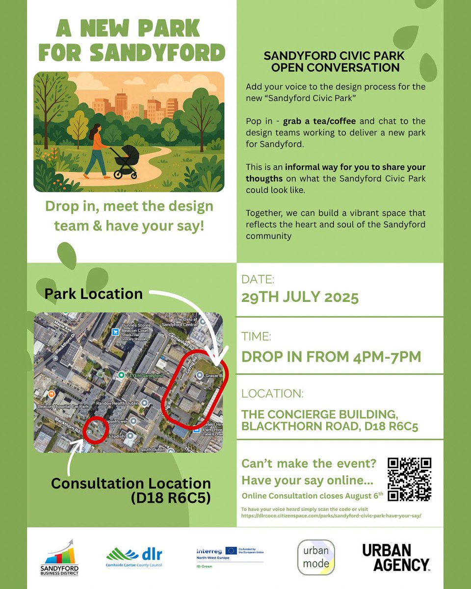 SandyfordBID's tweet image. Have your say & help shape the future of Sandyford Civic Park 🌳
Drop in for tea & chat with the design team - share your ideas for a park that reflects the heart of our community!
🗓️ 29 July 2025
🕓 4-7PM
📍The Concierge Building, Blackthorn Rd, D18 R6C5
#SandyfordCivicPark