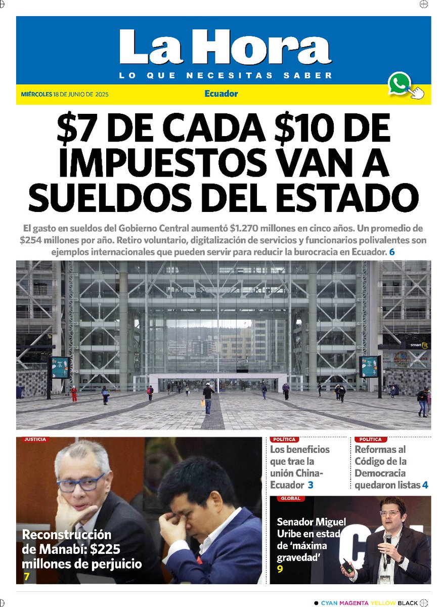 No solo Ministerios y su gente deben toparse. Empresas Eléctricas, Telefónicas, Petroleras deben ser saneadas de pipones.

No puede ser que el presupuesto General del Estado sea solo para pagar sueldos de burócratas dorados y corruptos.

<a href="/DanielNoboaOk/">Daniel Noboa Azin</a>
