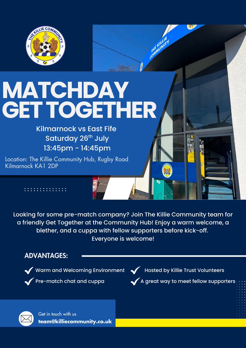KillieCommunity's tweet image. 🏟️ Heading to Rugby Park tomorrow for the match? Join us for our free pre-match Get Together! 💙
Proudly run in partnership with @KillieTrust, this initiative helps bring fans together before kick-off.