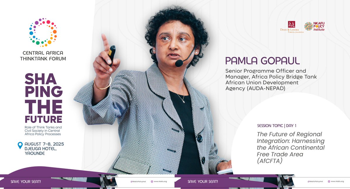 ForetiaFound's tweet image. We’re honored to present Ms. @GopaulPamla of @NEPAD_Agency, as speaker at the #2025CATTF in Yaoundé. On August 7, at @DjeugaHotel, she’ll unpack how @AfCFTA can drive regional #integration, powered by foresight, #data & policy #innovation.
🔗 nkafu.org/cattf-2025/
#freetrade