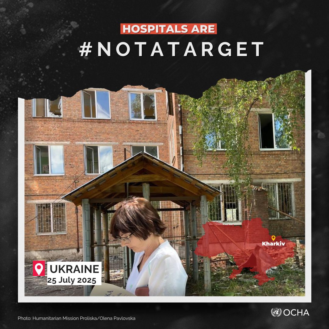 OCHA_Ukraine's tweet image. Less than a day after a strike on a Kharkiv apartment block, another attack hit a hospital—damaging its roof and wards. Injuries were reported, and people may be trapped.
🏥 Hospitals are protected under international humanitarian law. #NotATarget