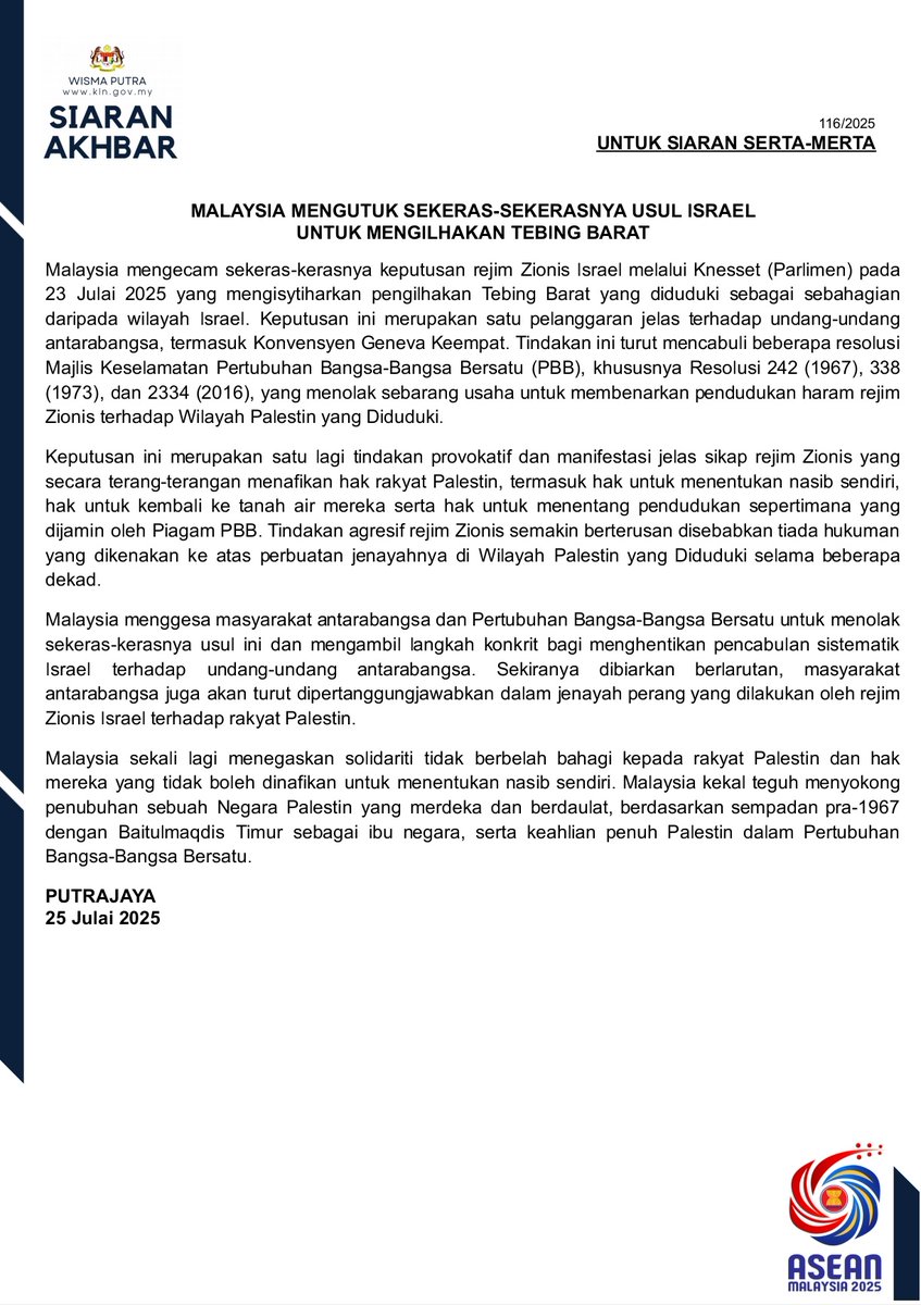 PRESS RELEASE: MALAYSIA STRONGLY CONDEMNS ISRAEL’S MOTION TO ANNEX THE WEST BANK