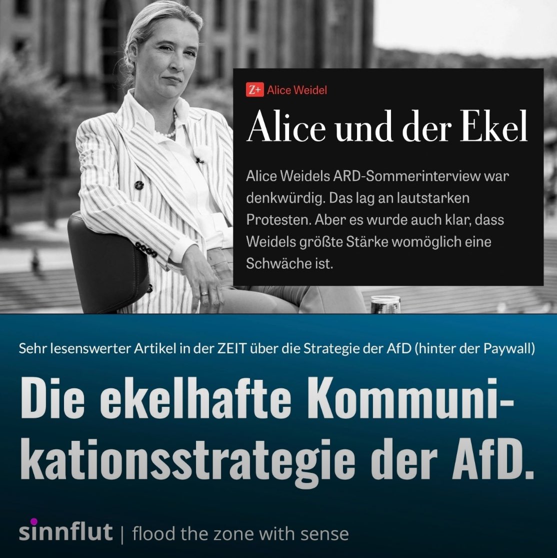 „Das ist einfach richtig guter Journalismus. Toll! Die ZEIT analysiert Alice Weidels Sommerinterview. Nein, sie seziert es - in jeder Beziehung ekeldurchzogen. Aber genial. Leider hinter der Bezahlschranke. Deswegen hier die Kerngedanken.

#KalkulierterLärm
Weidel inszeniert sich