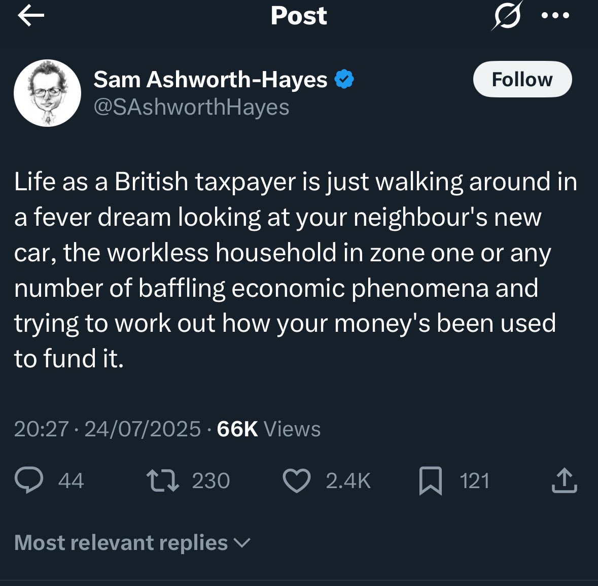 I mean, I’m a British taxpayer and I can’t say I’ve ever been even remotely concerned with the cars my neighbours are driving.