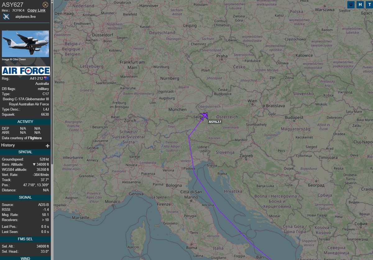 PolishMilRadar's tweet image. 📅25.07⌚️13:14LT
Dziś ponownie do bazy w Łasku #EPLK 🇵🇱 leci ✈️ #ASY627 Boeing C-17A Globemaster III "A41-212" Australijskich Sił Powietrznych 🇦🇺, który wystartował z bazy Al Minhad #OMDM 🇦🇪.
🔗globe.airplanes.live/?icao=7cf9c4
#POLMILRADAR